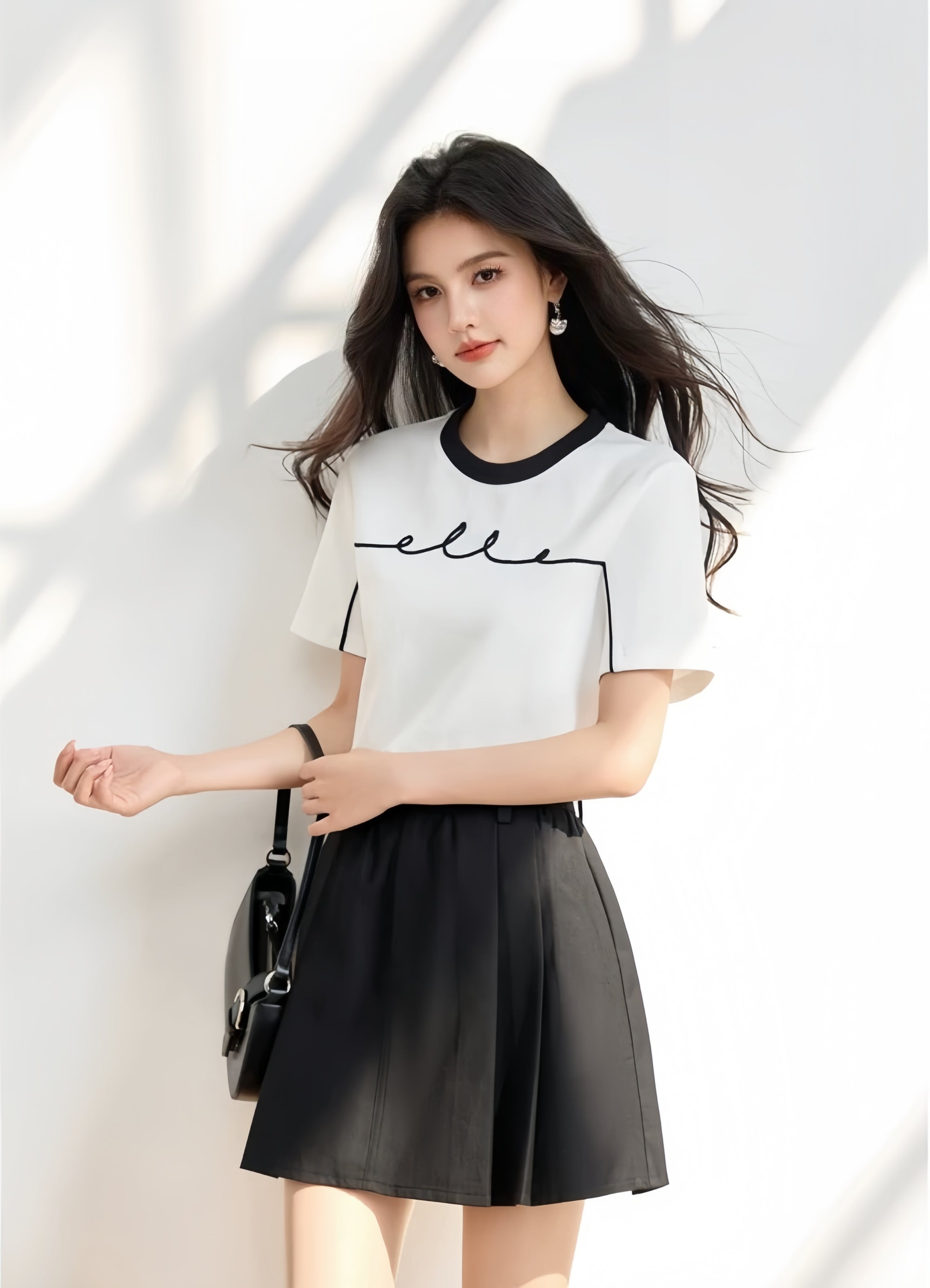 ELLE French-Style Crewneck Contrast Cotton Tee