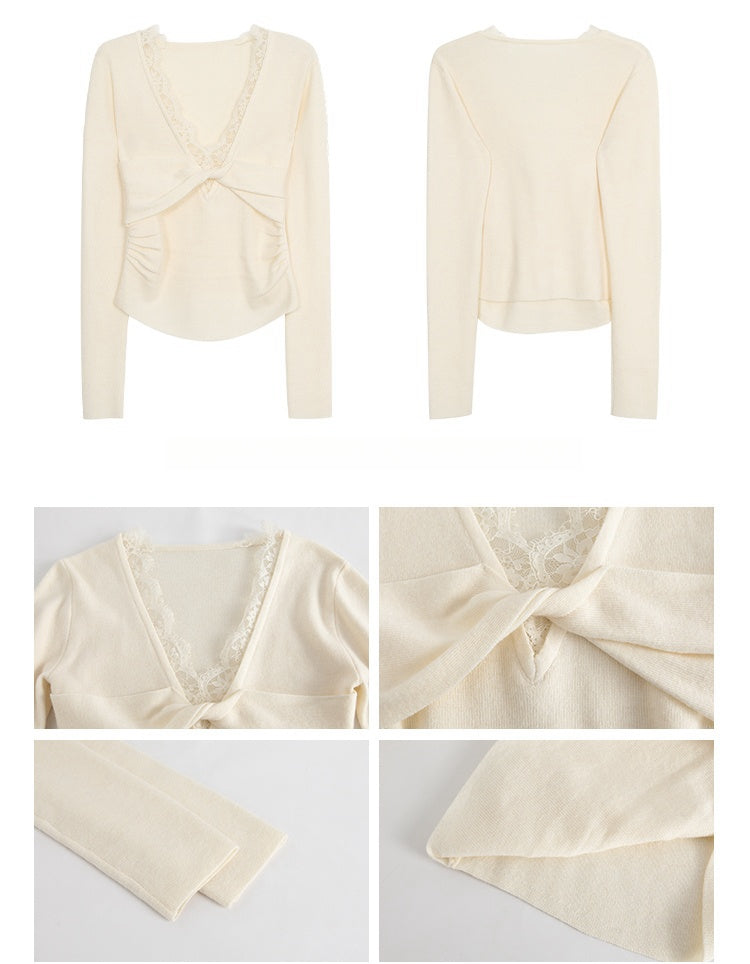 V-Neck Lace Spliced Pure Desire Knit Top