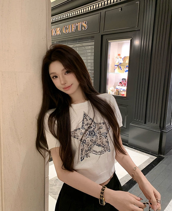 Luxurious Embroidered Slim-Fit Crewneck Knit Top