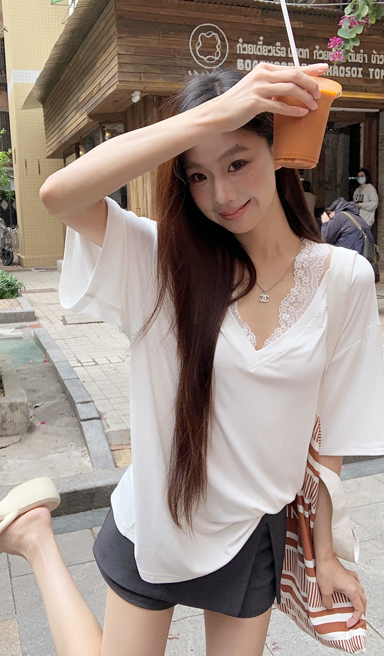 Straight-Shoulder Lace Faux Two-Piece Loose TEE