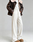 Acetate Wool-Protein Fleece Curved-Leg Pants