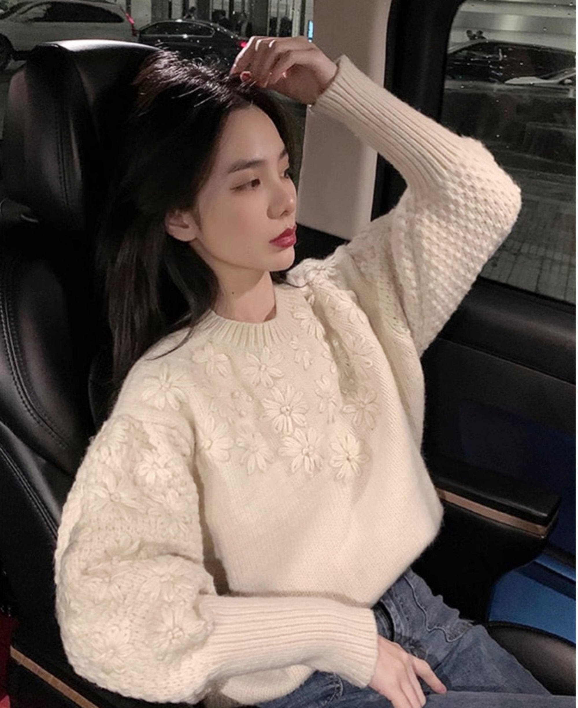 French Heavywork Chunky Floral Wool-Cashmere Sweater