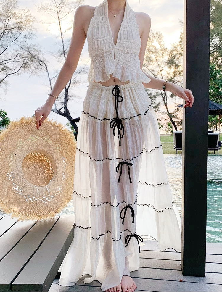 Glossy Sheer 3-Piece Swimsuit & Beach Skirt Set