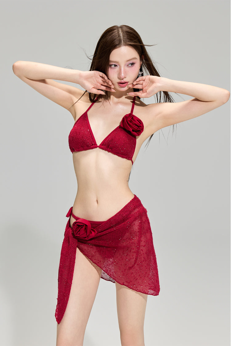 Red Sparkle Luxe 3-Piece Bikini Set  