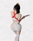 Sheer mesh bodycon mini skirt with a sexy nurse-inspired look