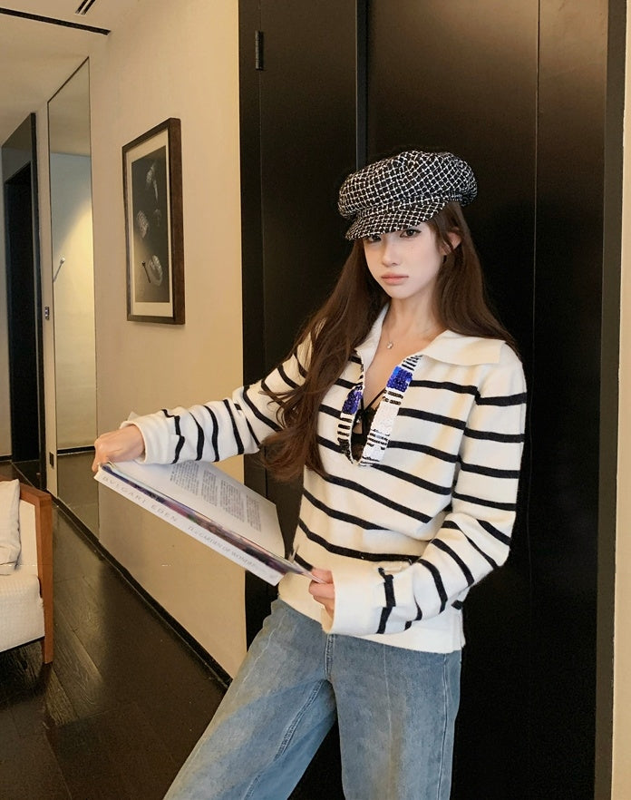 Sequin V-Neck Striped Lambswool Knit Top