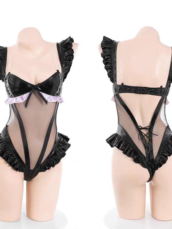 PU Patchwork Mesh Ruffled Bodysuit Lingerie