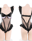 PU Patchwork Mesh Ruffled Bodysuit Lingerie
