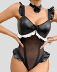 PU Patchwork Mesh Ruffled Bodysuit Lingerie