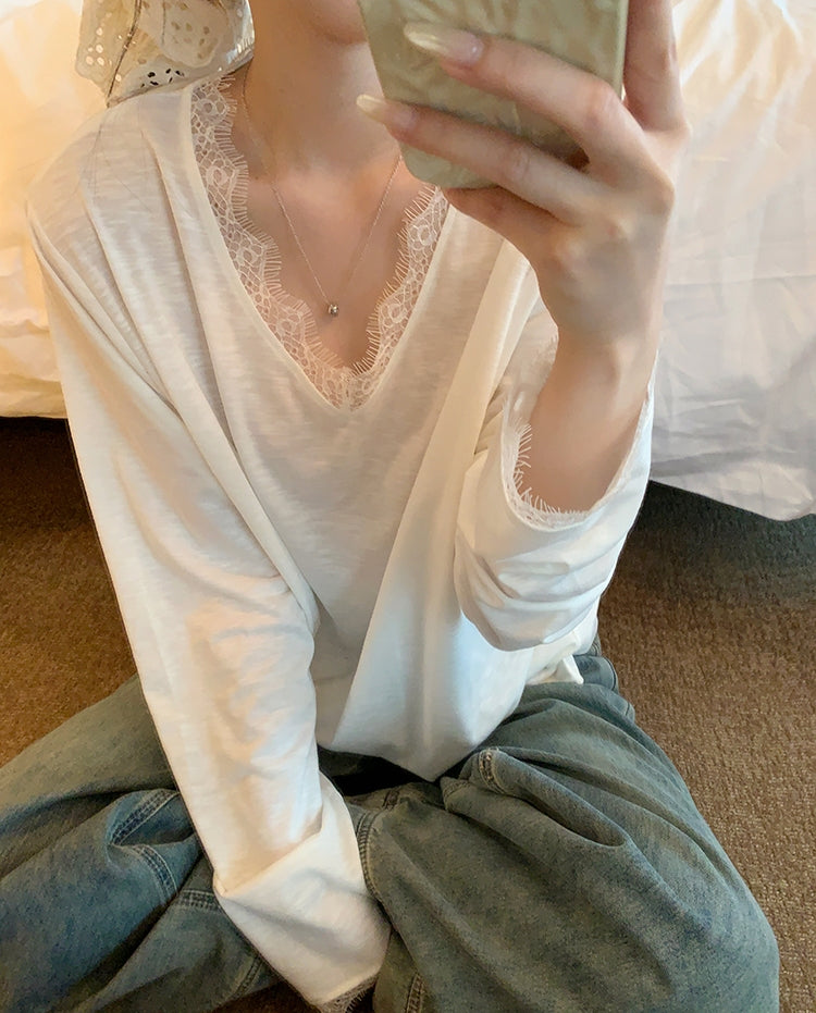 High-GSM cotton-feel V-neck tee with elegant lace trim.