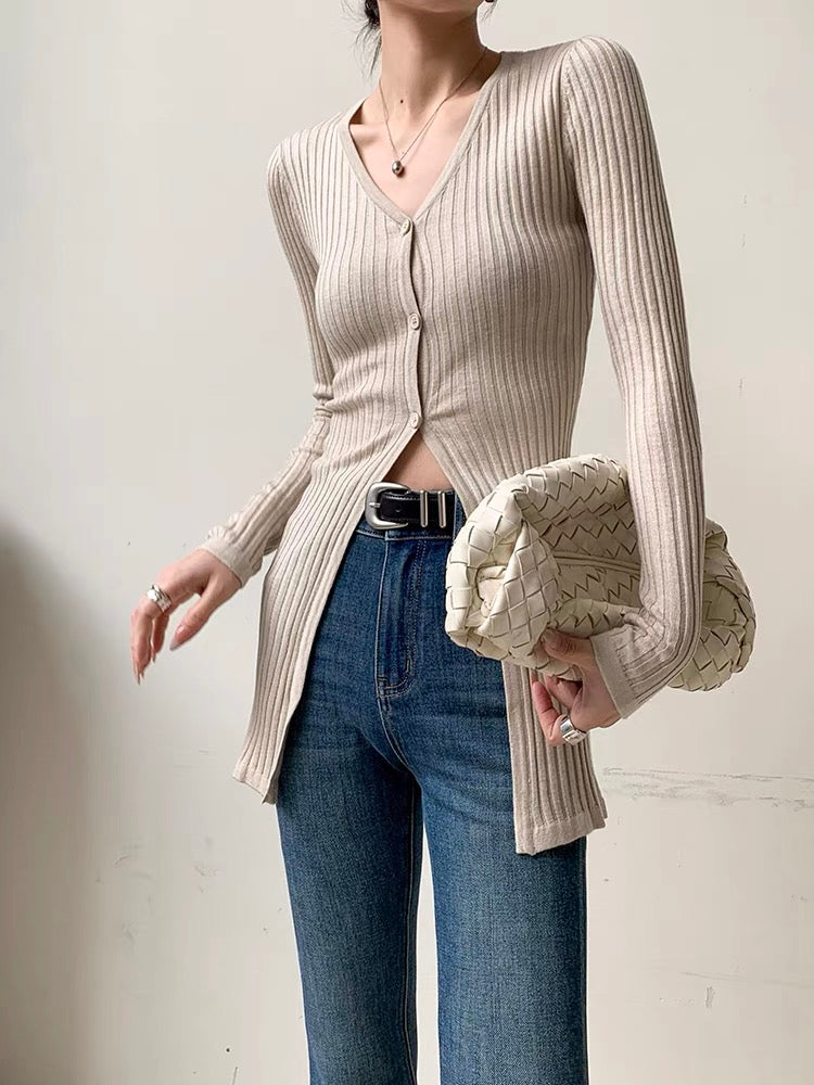 Khaki Long-Sleeve Knit Cardigan
