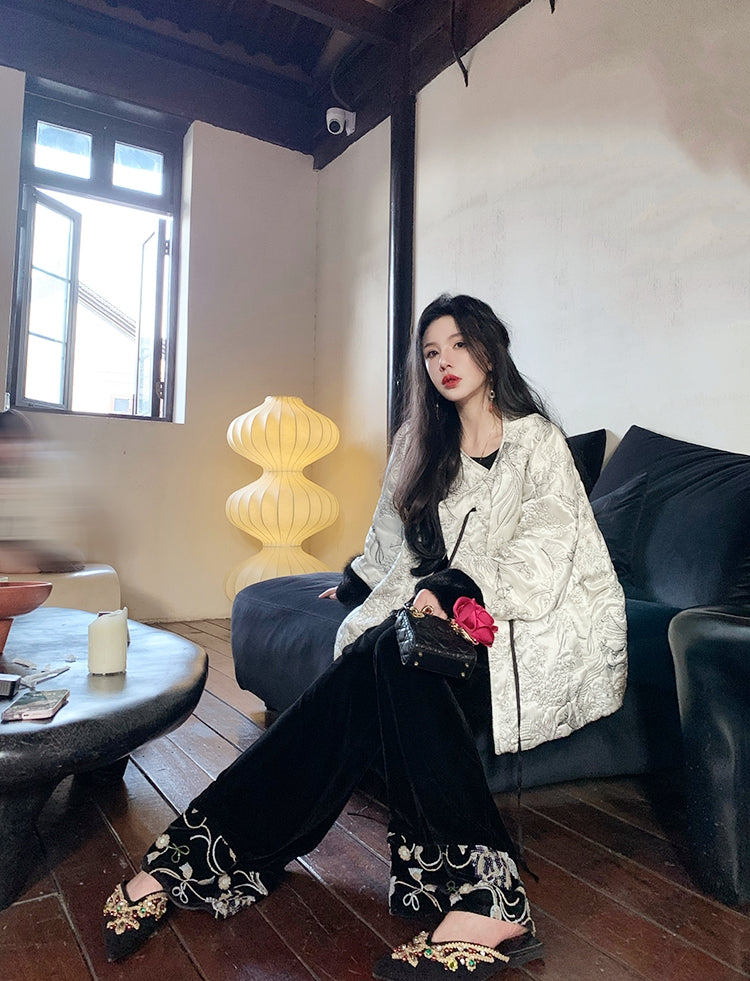 New Chinese Style Satin Embroidered Down Jacket (Without Fur Scarf)