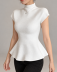 Jennie-inspired French semi-high neck ruffle hem knit top