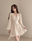 Apricot Pleated Flare-Sleeve Dress