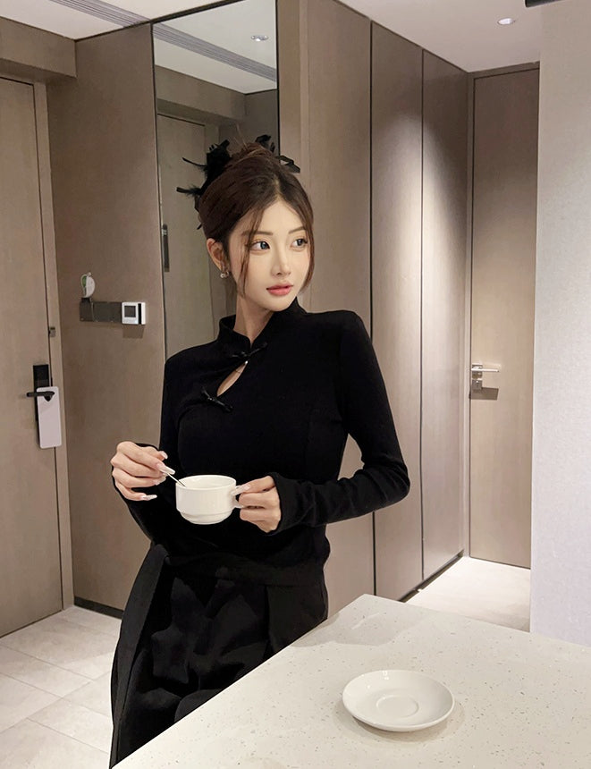New Chinese Style Slim Fit Knit Top with Small Mandarin Collar