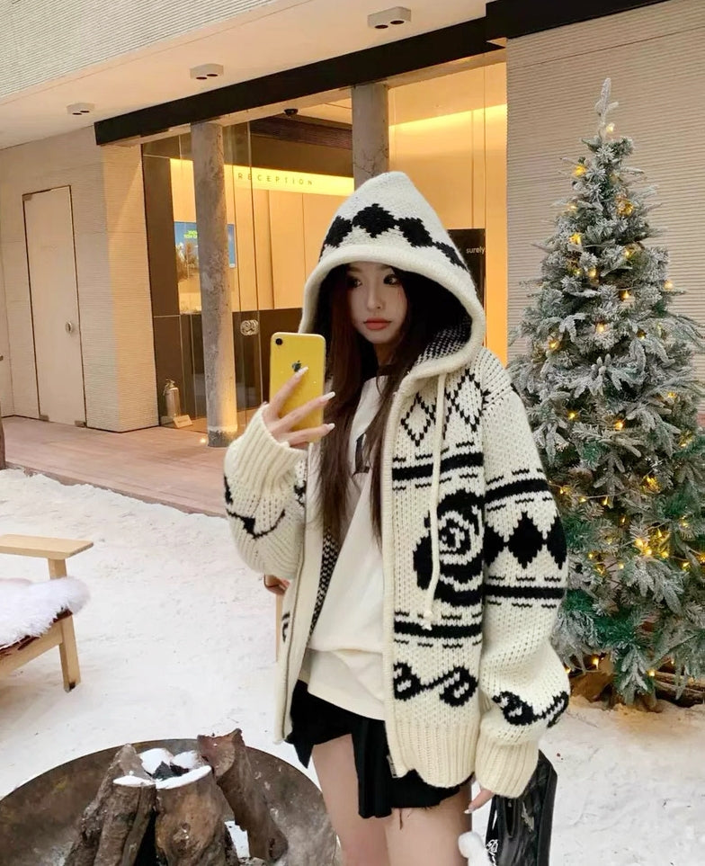 Korean OPEN YY Rose Jacquard Thick Knit Cardigan