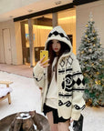 Korean OPEN YY Rose Jacquard Thick Knit Cardigan