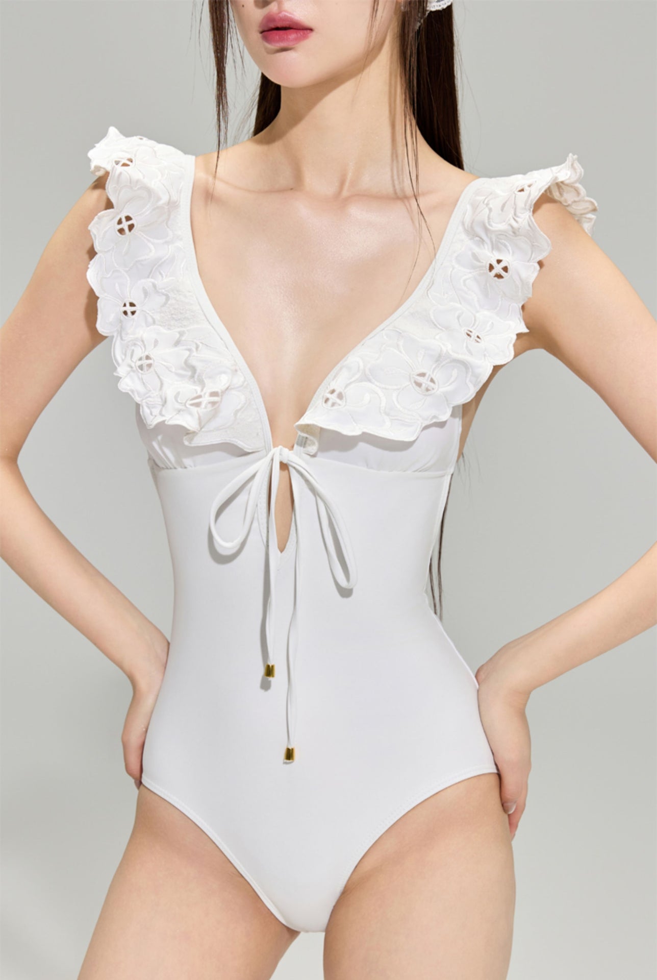 White Embroidered Deep V One-Piece Swimsuit