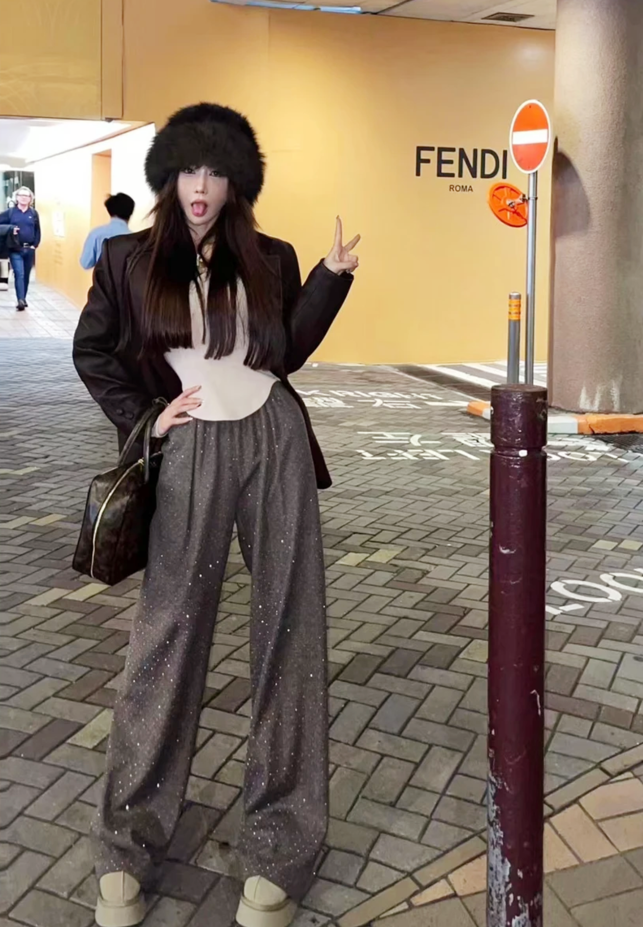 Starry Rhinestone Velvet Lined Wide-Leg Pants(Dark brown)
