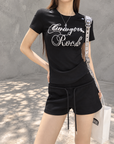 Black Structured Shoulder Beaded Cotton Tee
