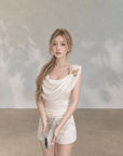 Asymmetrical Draped Neckline Top with Bow Brooch
