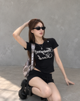 Black Structured Shoulder Beaded Cotton Tee