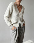 French-Style Sequin V-Neck Gray Knit Cardigan