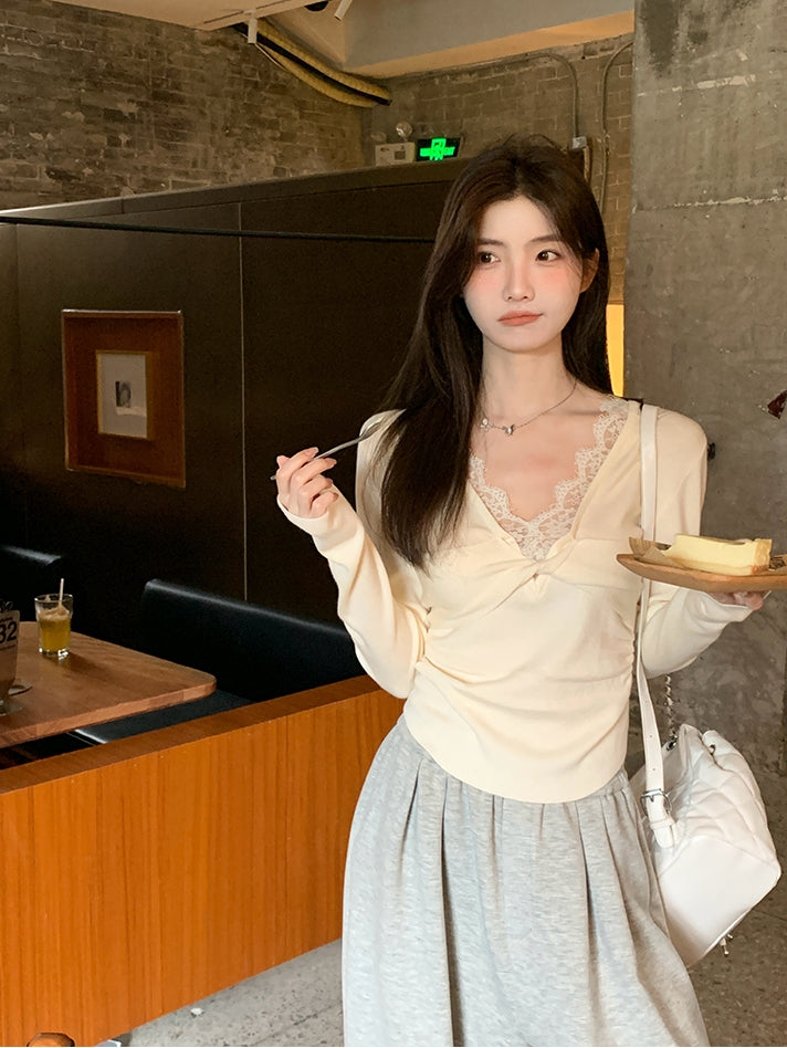 V-Neck Lace Spliced Pure Desire Knit Top