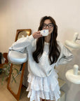 Korean-Style Relaxed Sweatshirt with Lace Bow Detail