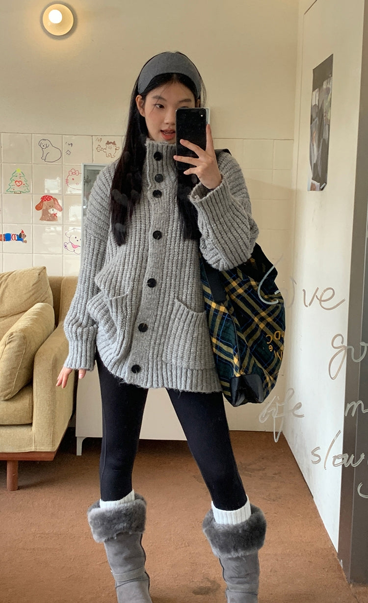 Korean-style wool knit cardigan with a relaxed, stylish design