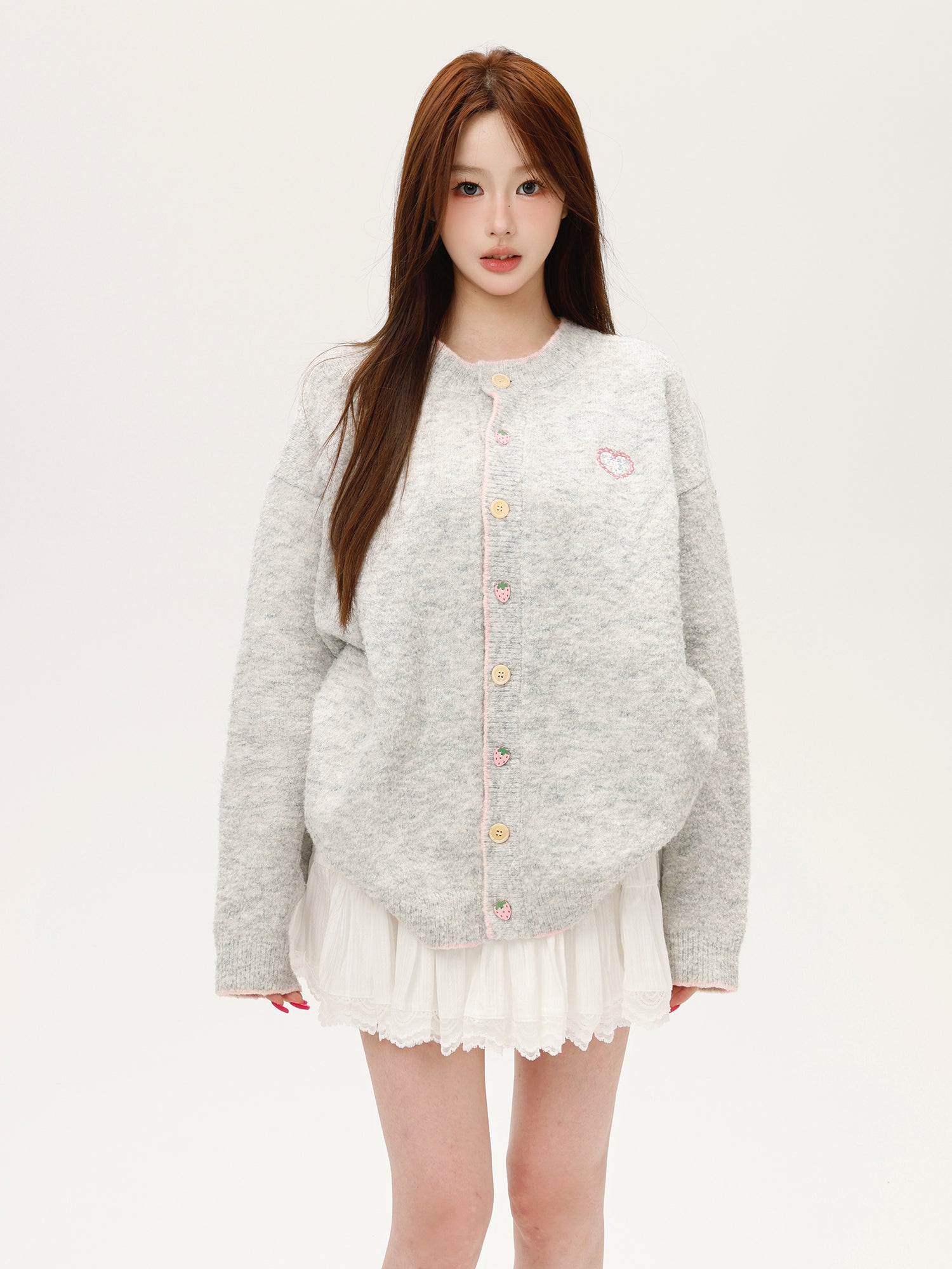 Light Grey Korean-Style Relaxed Knit Cardigan