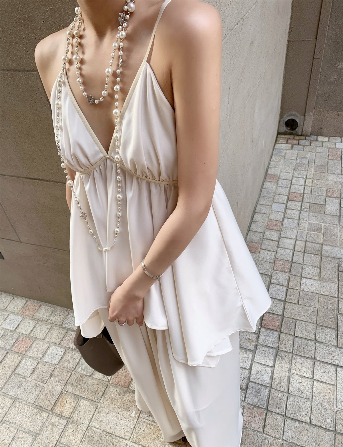 Soft White Tea Satin Deep V-Neck Camisole