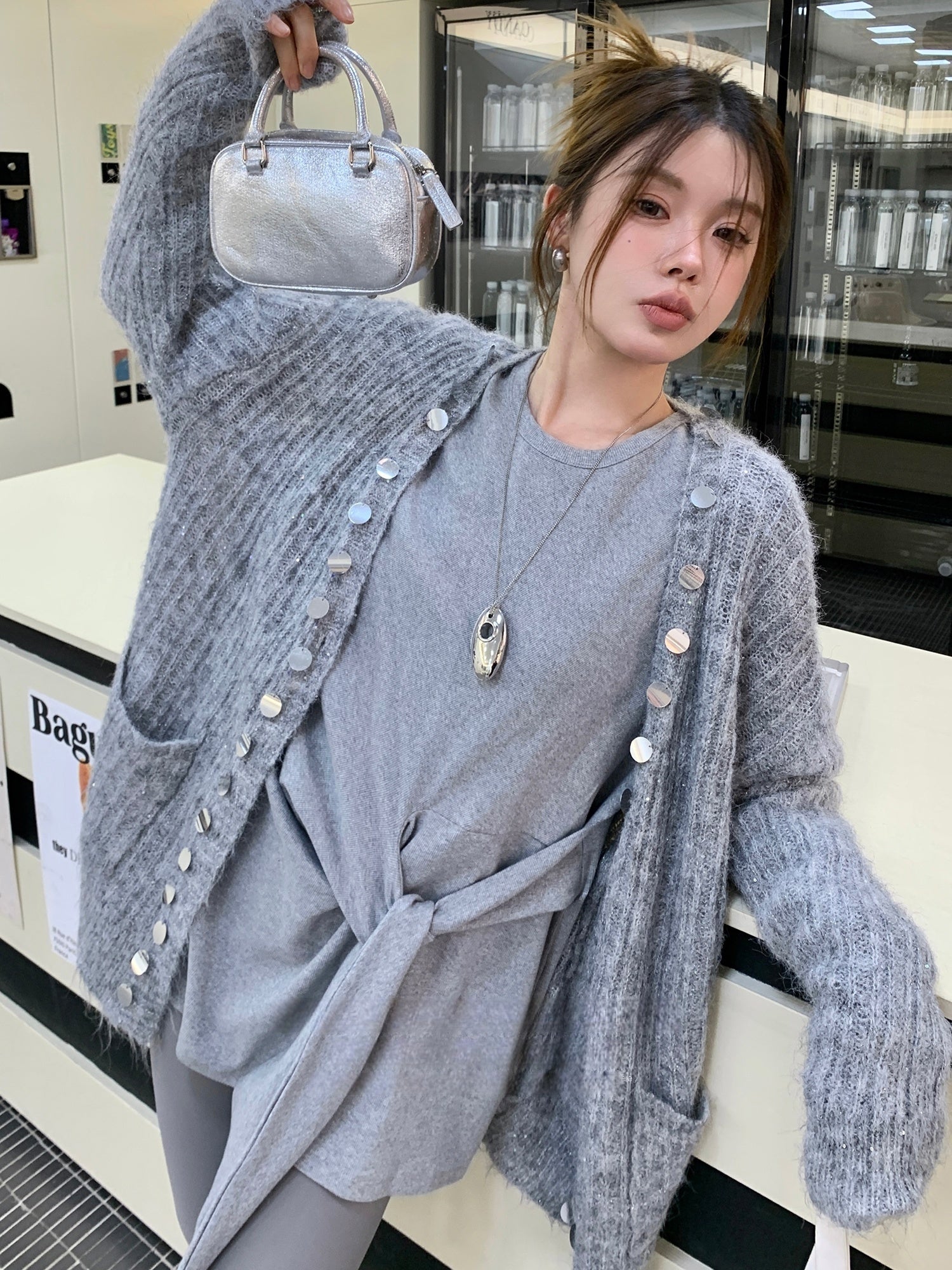 Relaxed Sequin Knit Cardigan with Sheer Details