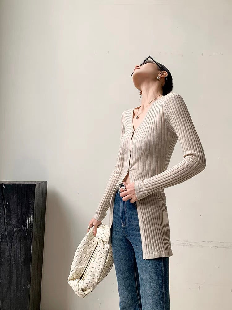 Khaki Long-Sleeve Knit Cardigan