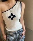 Asymmetrical One-Shoulder Contrast Knit Tank Top