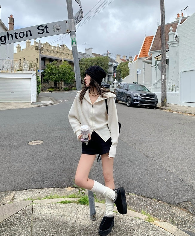 Double-Zip High Neck Thick Knit Cardigan