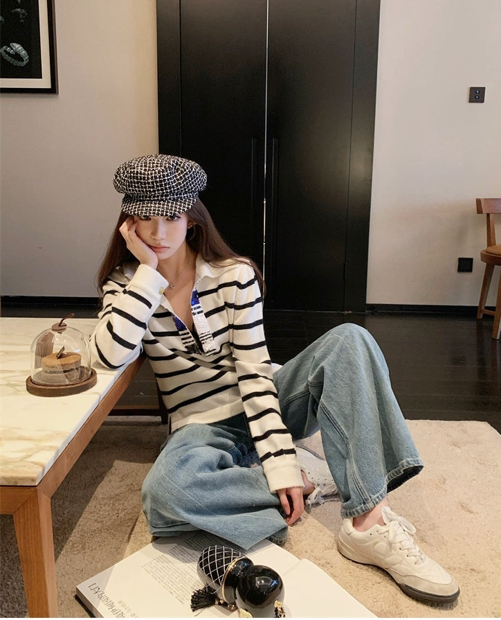 Sequin V-Neck Striped Lambswool Knit Top