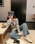 Sequin V-Neck Striped Lambswool Knit Top