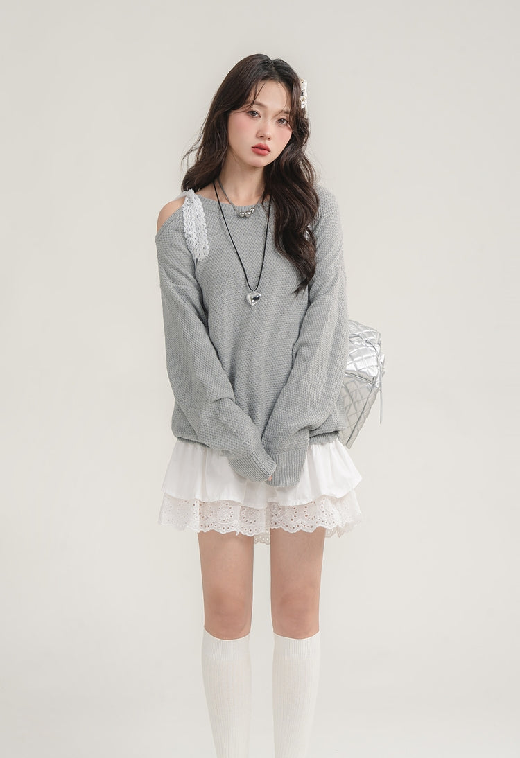 Off-Shoulder Lace Patchwork Knit Dress