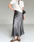 Glazed acetate satin midi skirt(charcoal grey)