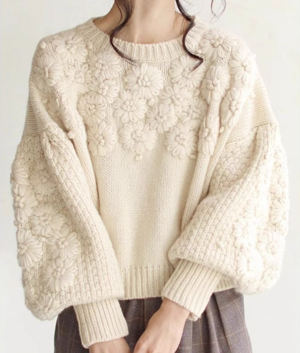 French Heavywork Chunky Floral Wool-Cashmere Sweater