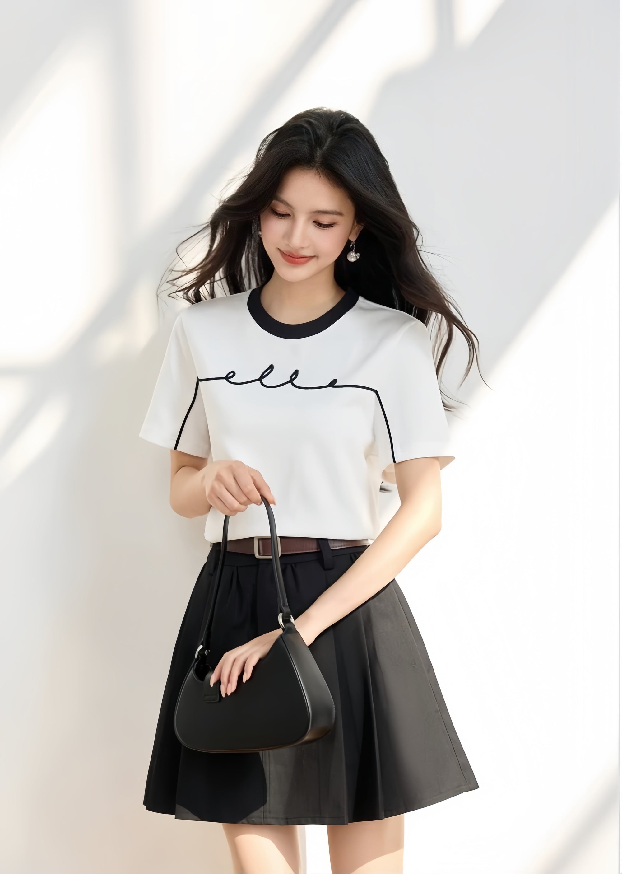 ELLE French-Style Crewneck Contrast Cotton Tee