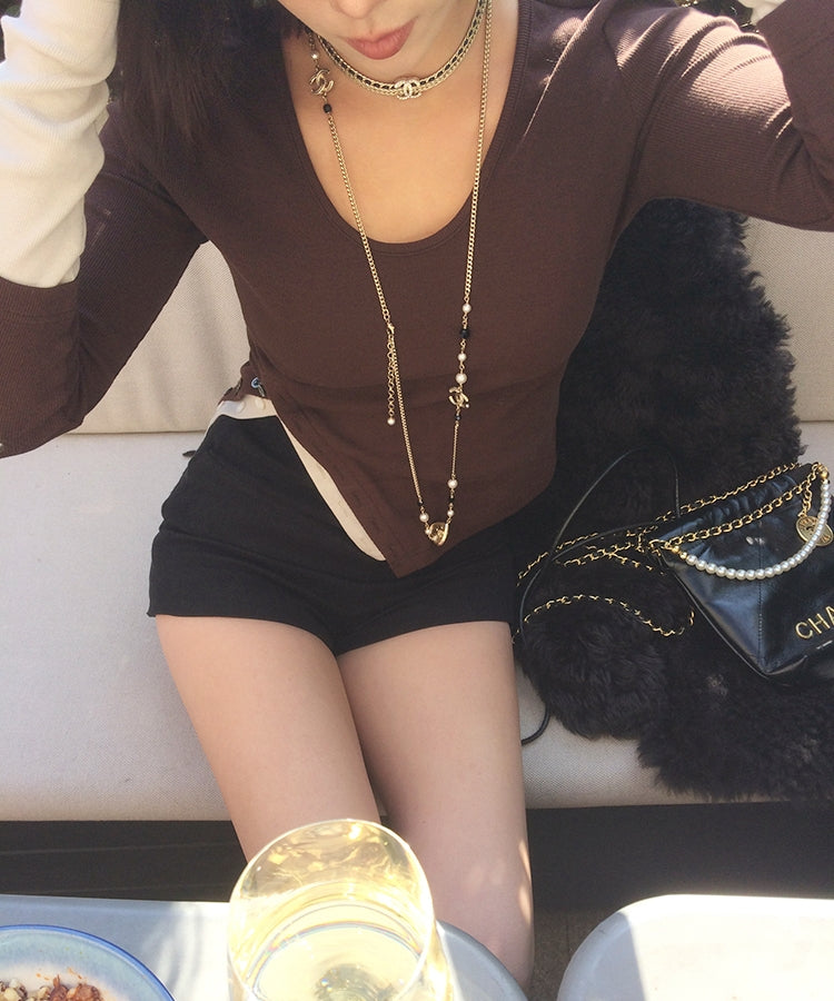 Color-Block Buttoned Split Knit Top