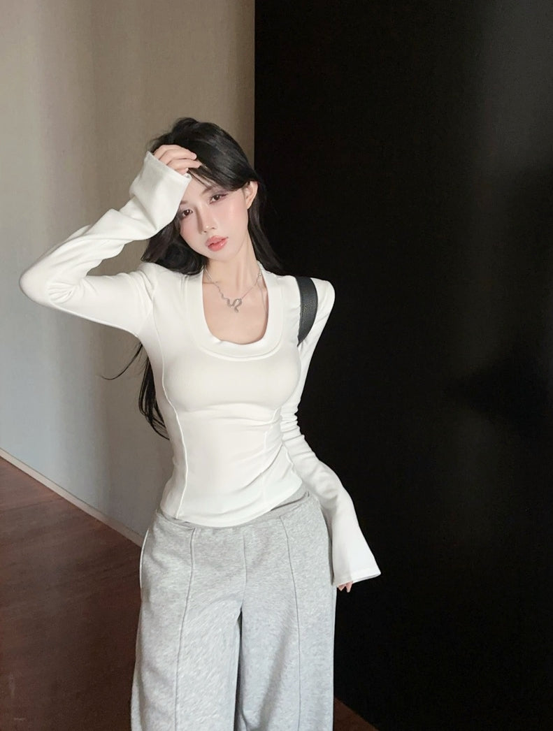 U-Neck Brushed Thickened Top with Padded Shoulders