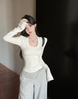 U-Neck Brushed Thickened Top with Padded Shoulders
