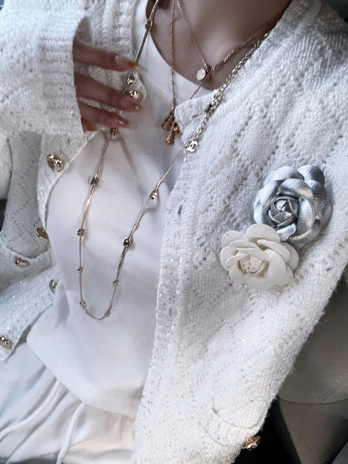 Sequined Argyle Knit Tweed-Style Cardigan (with Brooch)