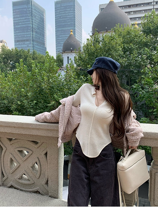 Solid Color Slim Fit V-Neck Knit Top
