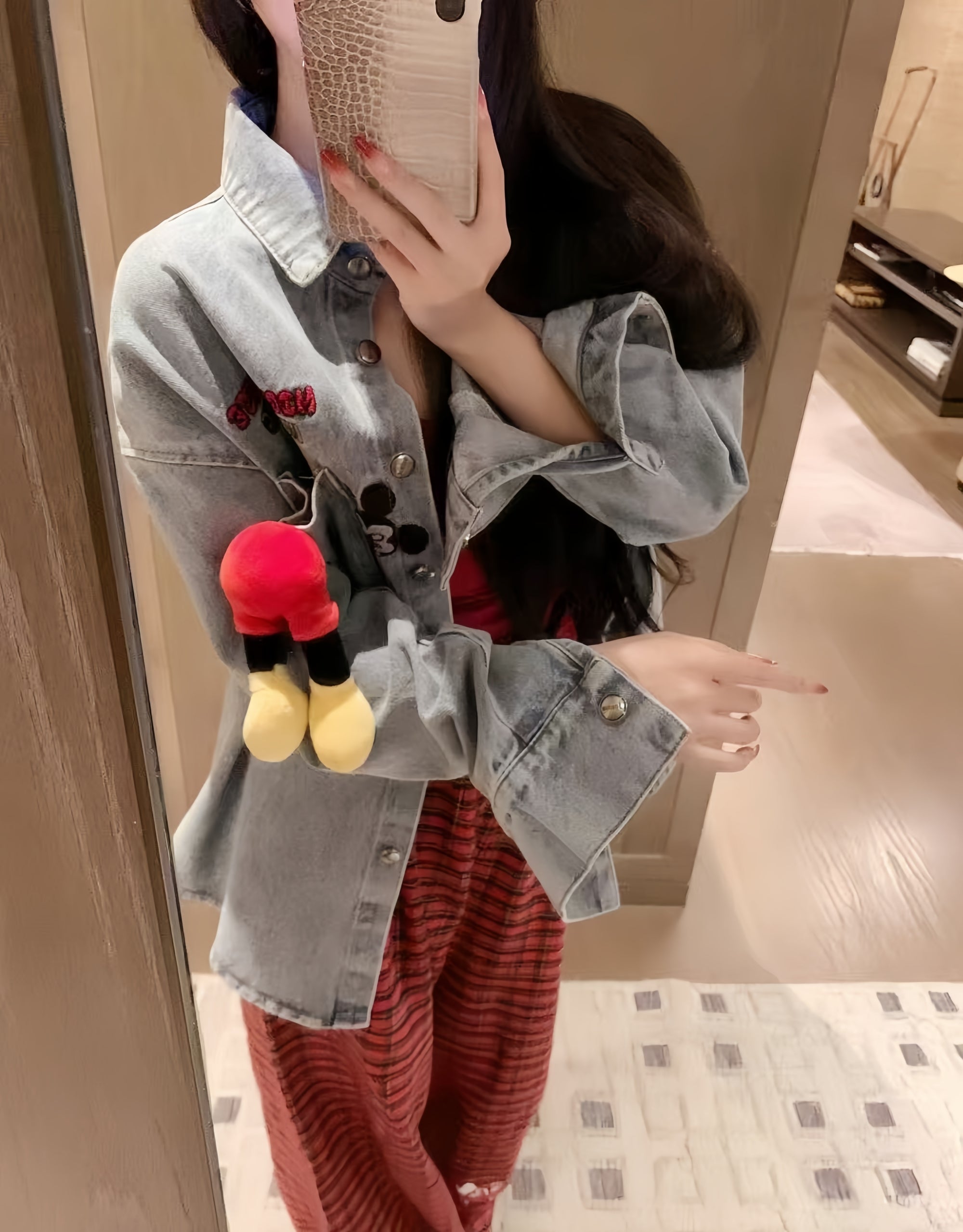 Washed Denim Jacket with Mickey Embroidered Plush Detail