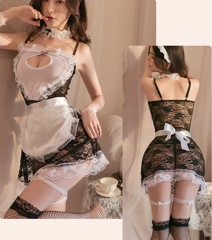 Multi-Piece Maid Lingerie Set with Fishnet Stockings