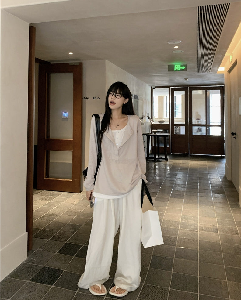 Snowflake Tencel Half-Placket Shirt + Wide-Leg Pants Set